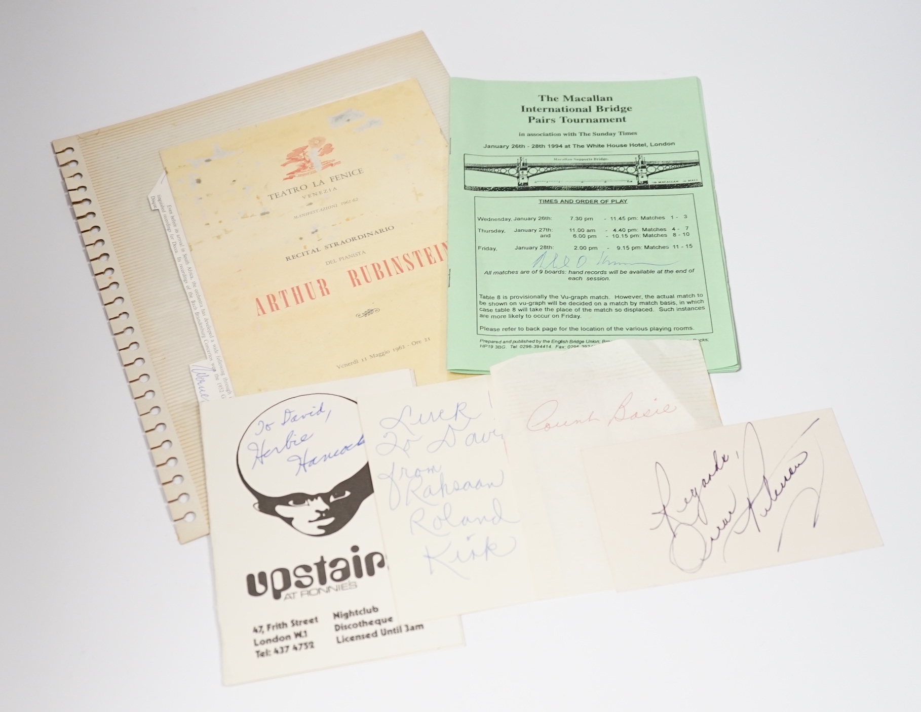 Omar Sharif autograph and Jazz autographs: Roland Kirk, Oscar Peterson, Count Basie, Herbie Hancock, 1970s and others including Bridge champion Zia Mahmood